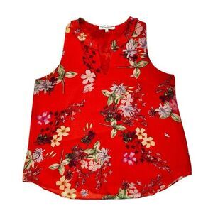 Rose & Olive Sleeveless Top Sz M Red Floral Print V Neck Bohemian Coastal Blouse